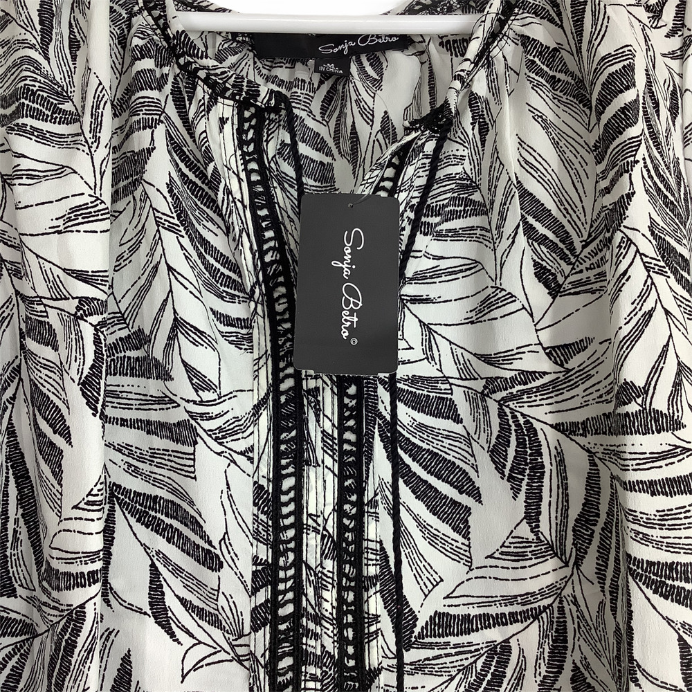 Sonja Betro Black & White Tassel Tie Leaf Blouse M - Picture 5 of 9